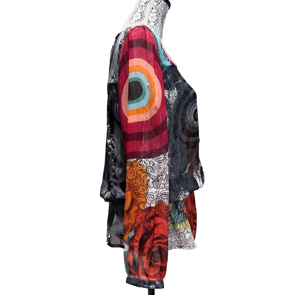 Desigual Small Colorful Patchwork Sheer Chiffon Tunic Blouse Boho Long Sleeve - Picture 6 of 11